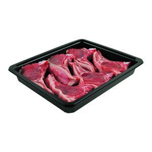 Raw lamb chops arranged in a black rectangular plastic food tray.