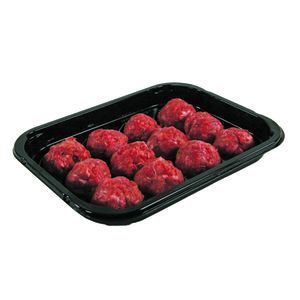 A black plastic tray containing fourteen raw, red meat meatballs arranged in rows.