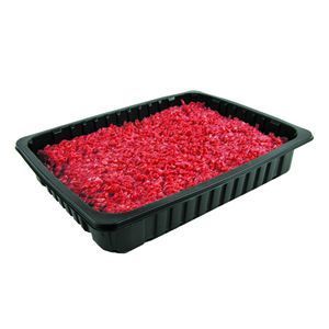 A black plastic tray filled with shredded, bright red, processed food, likely imitation crab or a similar seafood product.