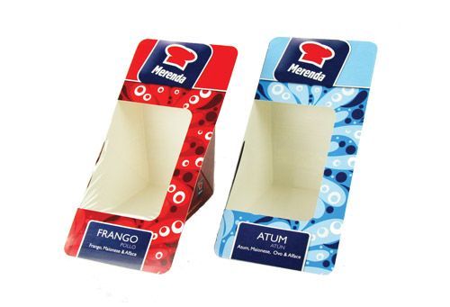 Two triangular cardboard sandwich containers with windows, one red labeled 