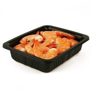 Cooked, pink shrimp piled in a rectangular black plastic food tray against a white background.
