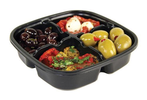 A black plastic container divided into four sections containing dark olives, green olives, mozzarella, and roasted peppers.