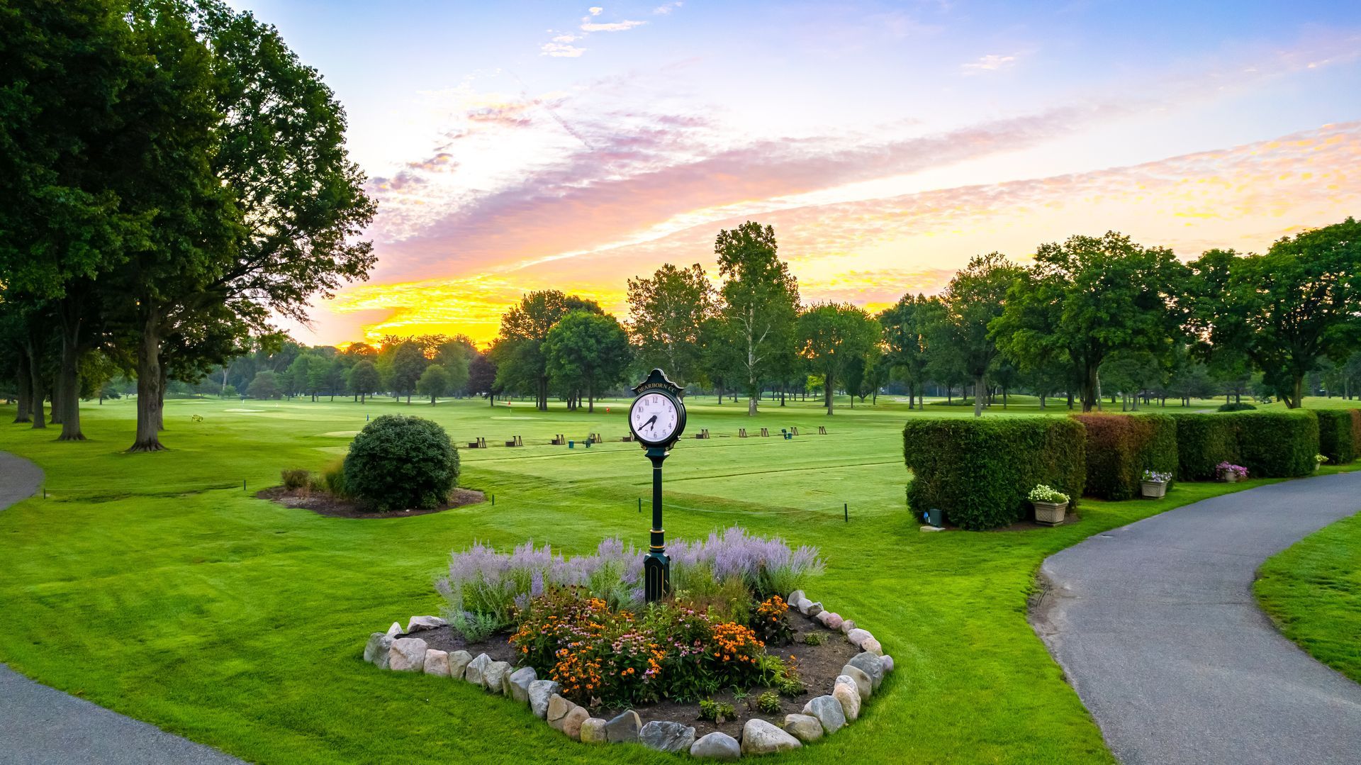 Dearborn Country Club with sunset and clock
