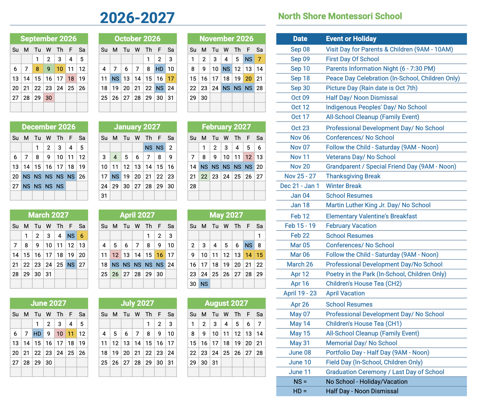 North Shore Montessori Calendar 23-24