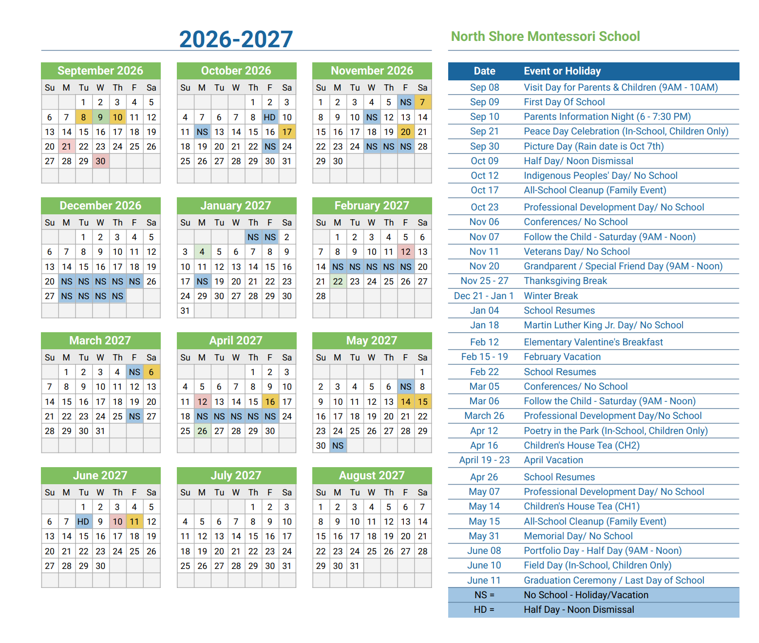 North Shore Montessori Calendar 23-24