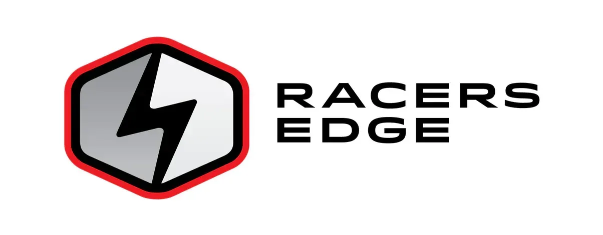 Logo of Racers Edge: a black lightning bolt in a white and gray hexagon with a red outline, text to the right.