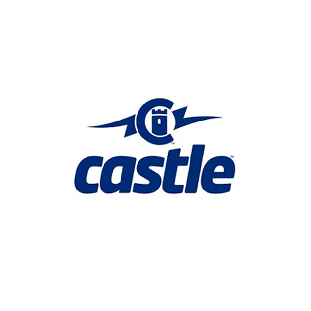 Castle brand logo: blue text "castle" with a stylized castle within a letter "C" with lightning bolts.