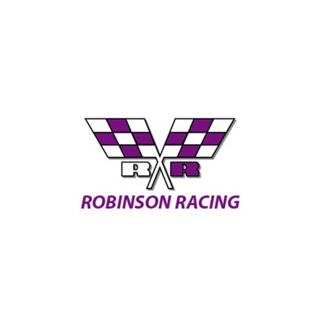 The logo for robinson racing is a purple and white checkered flag.