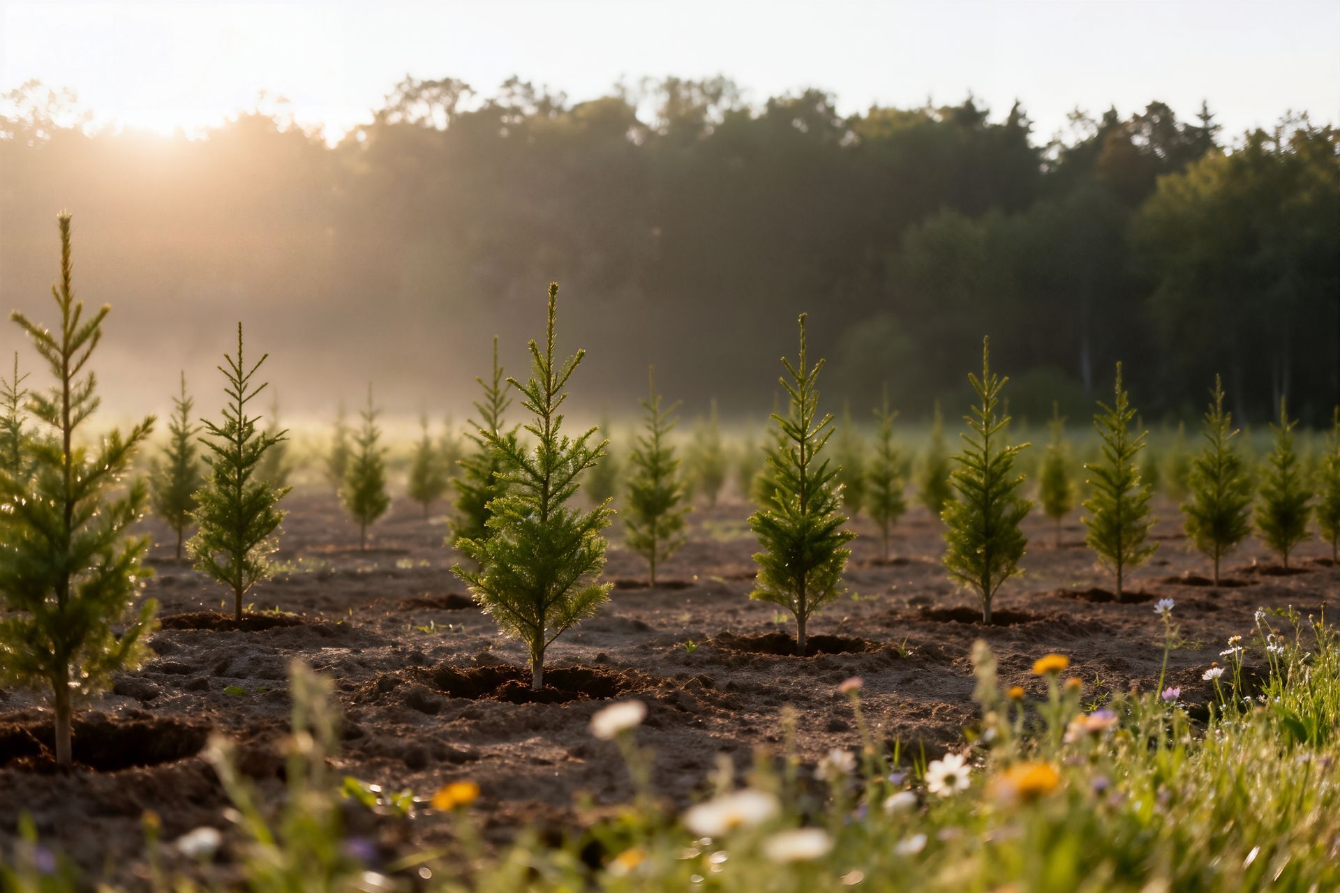 Rows of small evergreen saplings in a misty field at sunrise