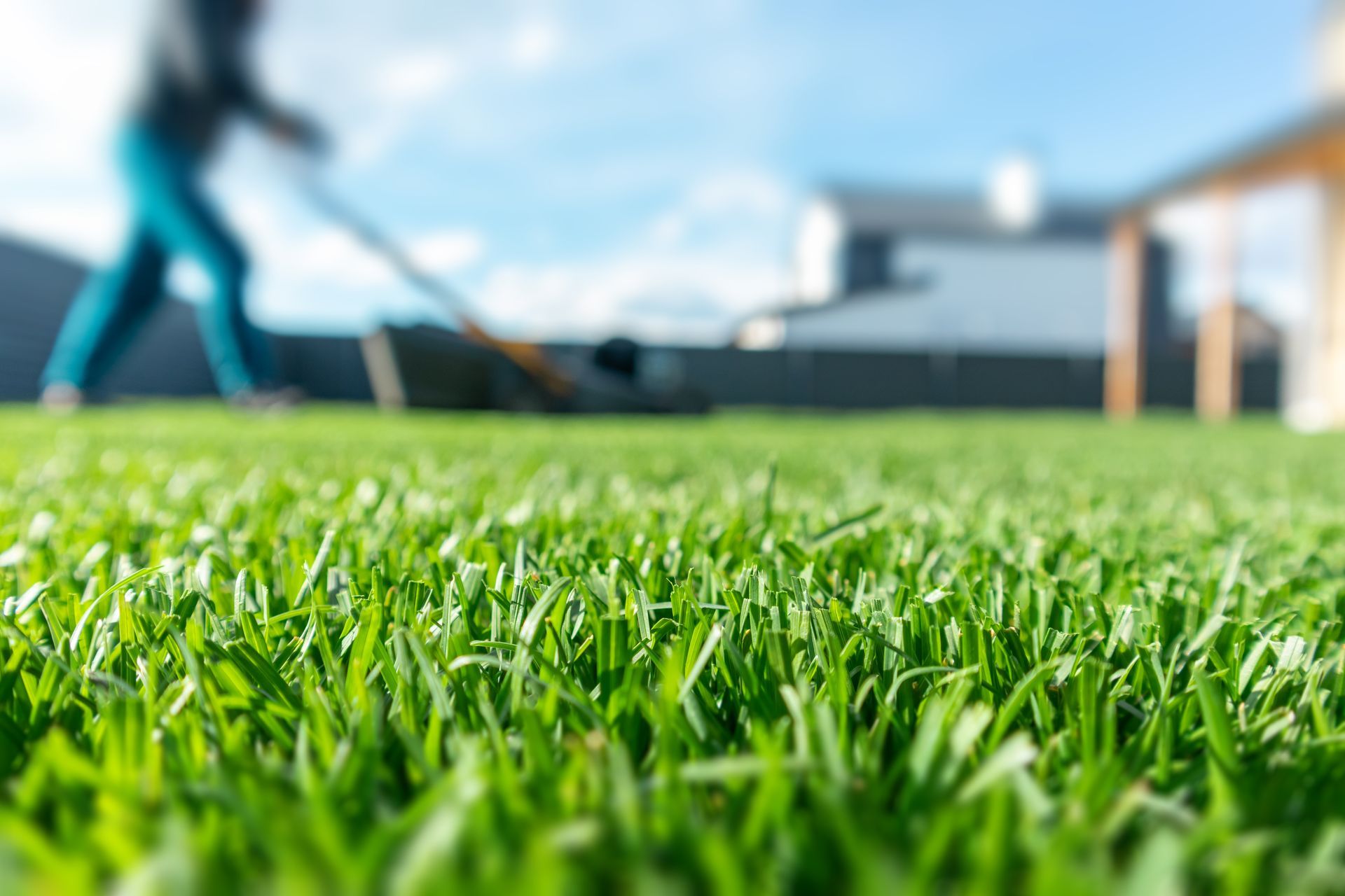 An out-of-focus person is mowing a lush, green lawn.