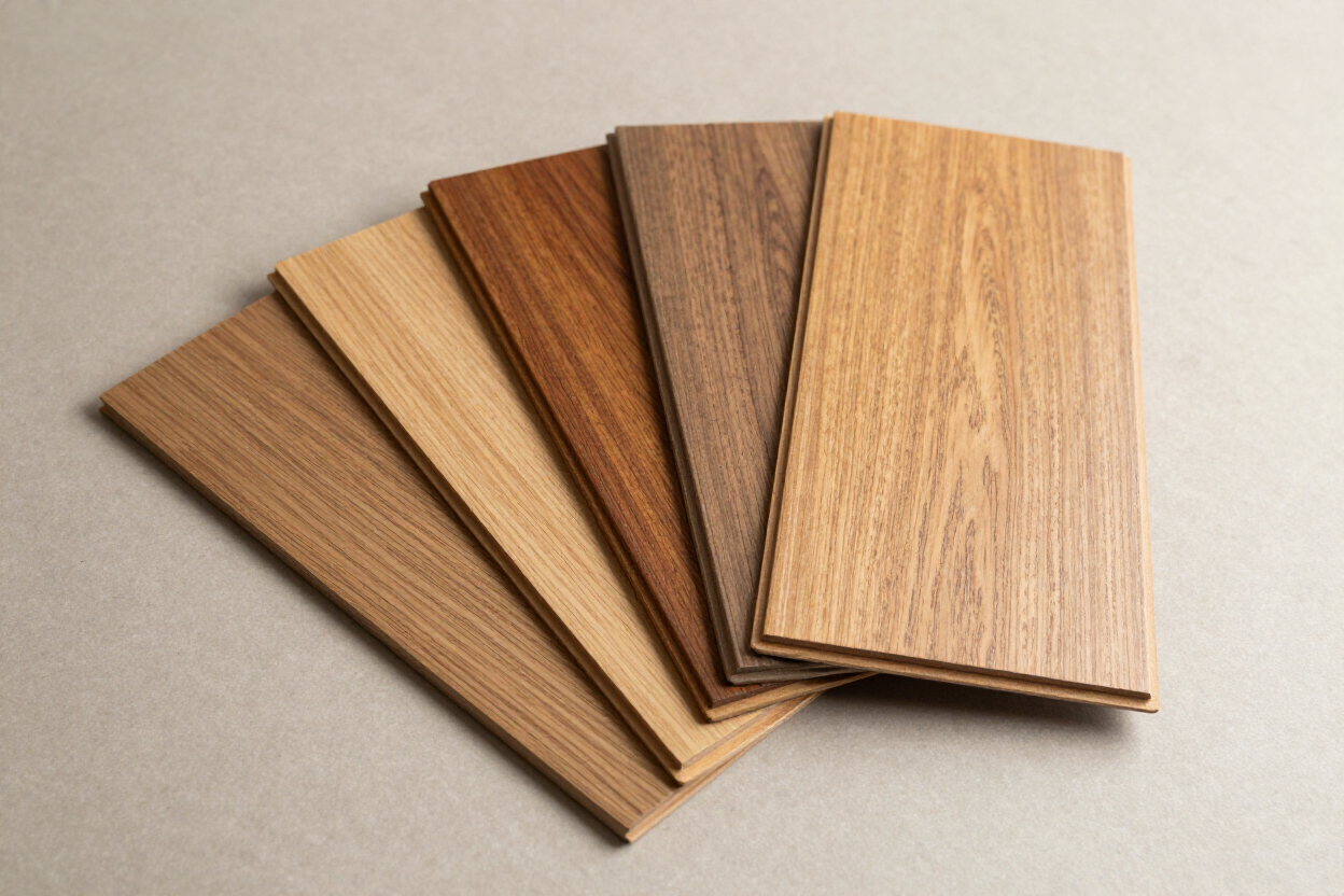 Hardwood flooring samples showing various species, grains, and finishes