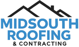 Midsouth Roofing & Contracting logo in blue and black with stylized roofline above text