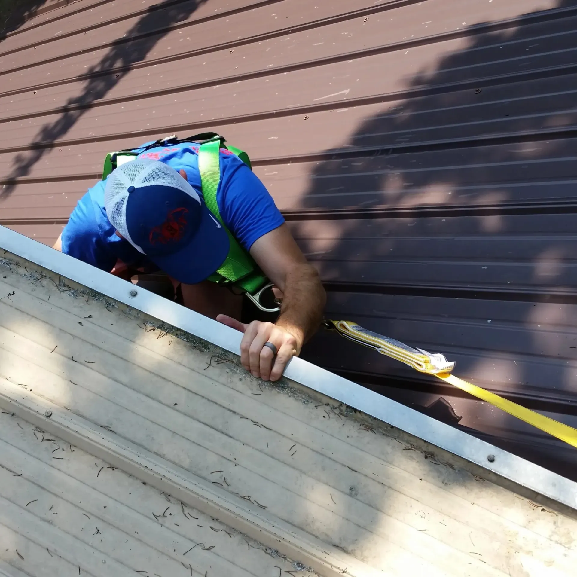 Michigan Wildlife Solutions - A man wearing a blue hat and a green vest is working on a roof