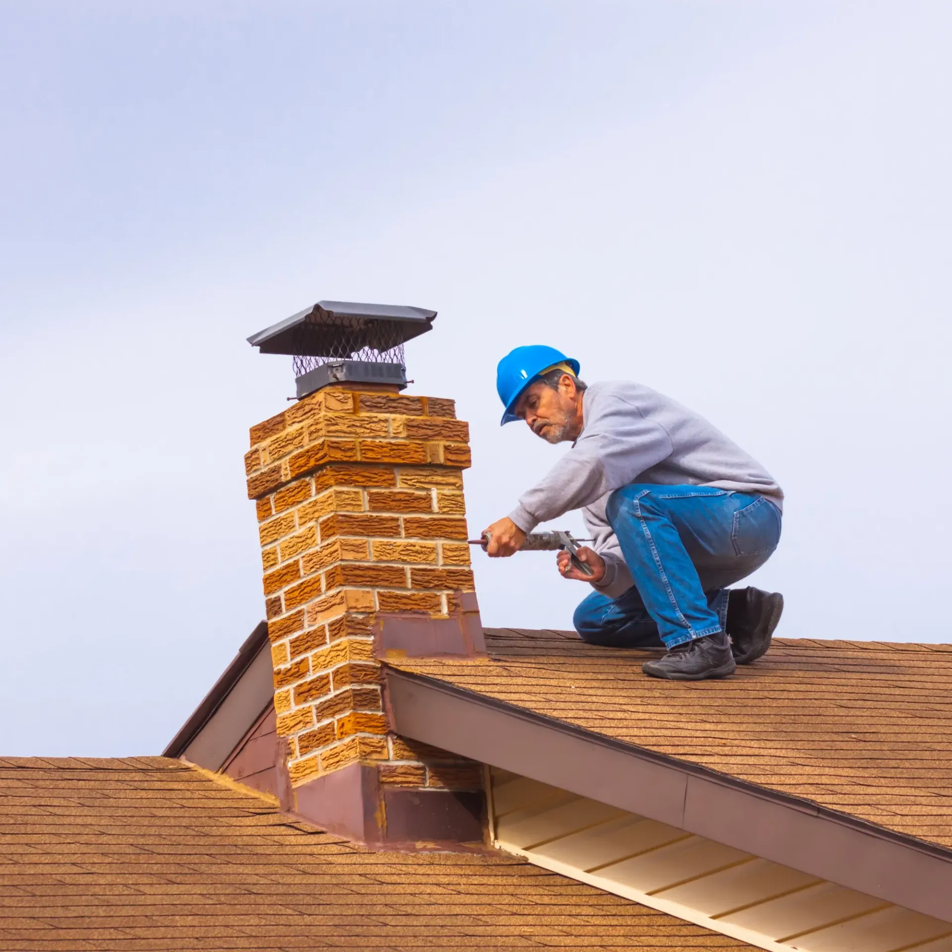 Michigan Wildlife Solutions - A man is kneeling on the roof of a house looking at a chimney.