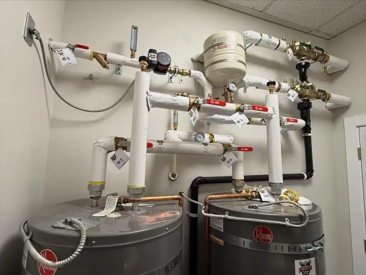 Commercial plumbing and water filtration setup with pipes, valves, and two large tanks in a utility room