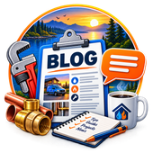 Blog clipboard graphic with wrench, coins, notebook, coffee mug, and sunrise landscape icon.