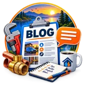 Blog clipboard graphic with wrench, coins, notebook, coffee mug, and sunrise landscape icon.