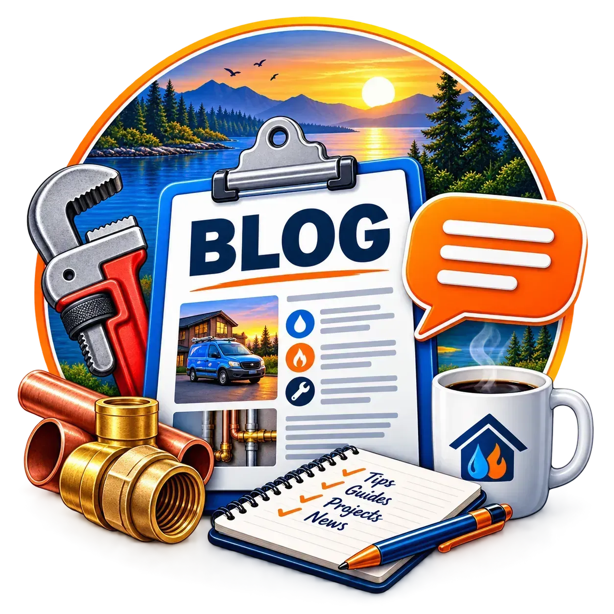 Blog clipboard graphic with wrench, coins, notebook, coffee mug, and sunrise landscape icon.
