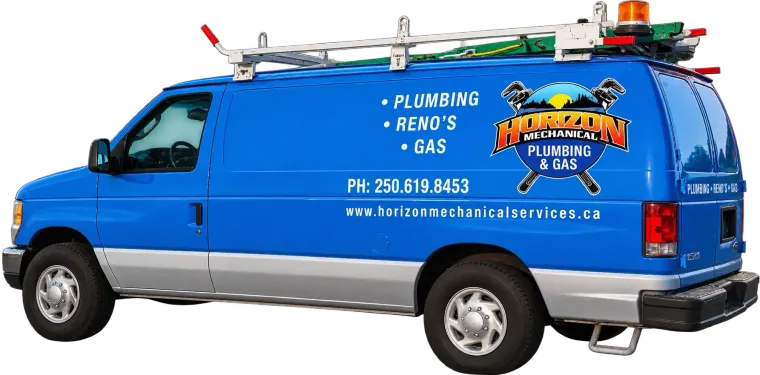 Blue plumbing service van with ladder racks and company logo on the side