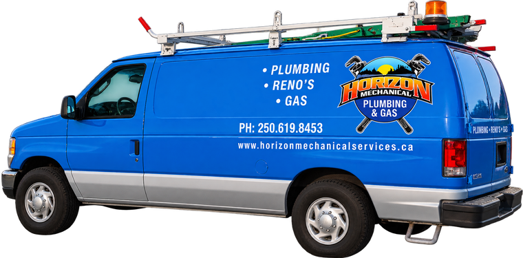 Blue plumbing service van with ladder racks and company logo on the side
