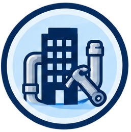 Commercial gas plumbing service with van, tools, pipes, and restaurant installation scene