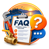 FAQ clipboard with question marks, tools, and plumbing fixtures on a colorful background