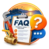 FAQ clipboard with question marks, tools, and plumbing fixtures on a colorful background