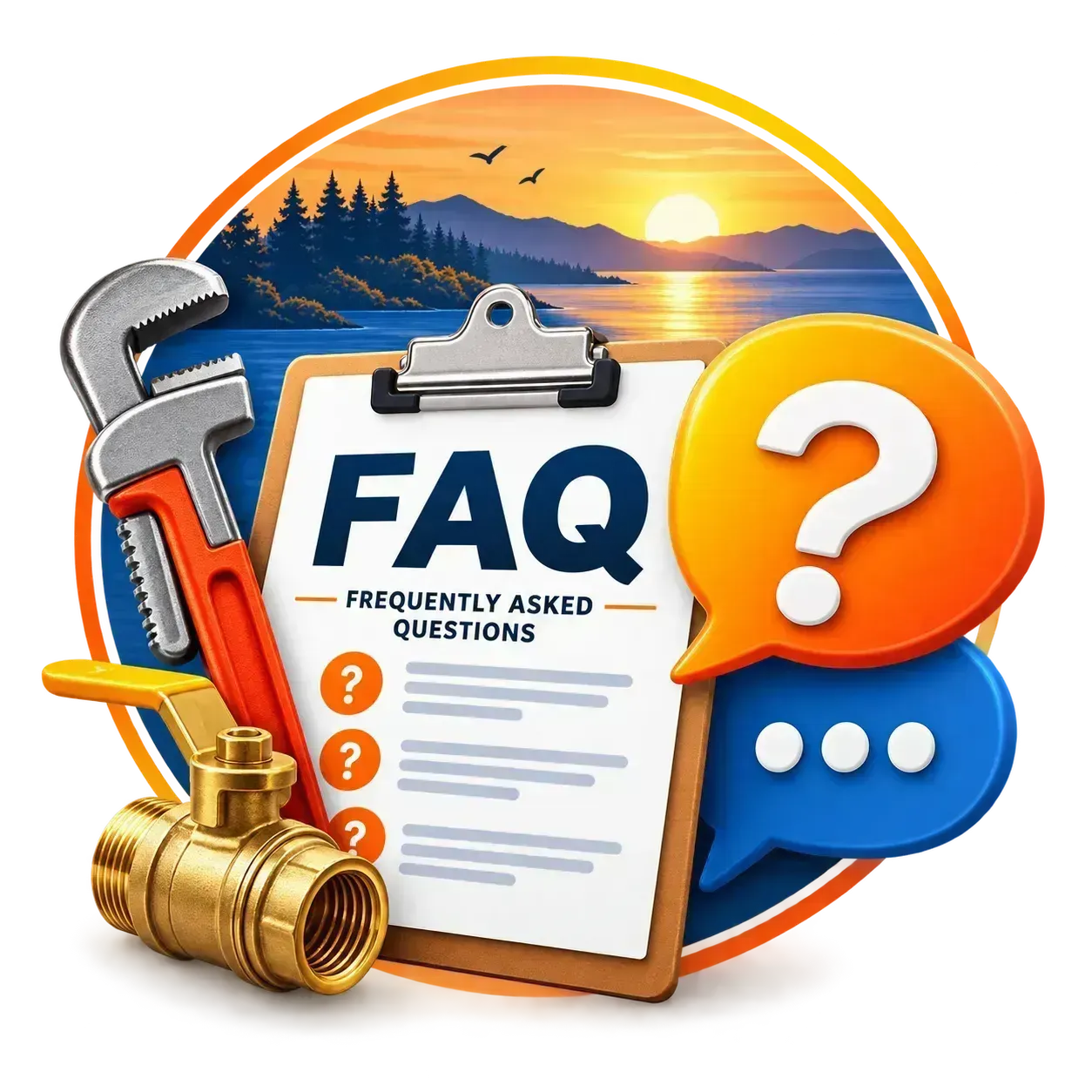 FAQ clipboard with question marks, tools, and plumbing fixtures on a colorful background