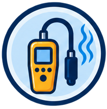 Gas leak detector beside gas pipes, warning sign, and house with leaking gas alert