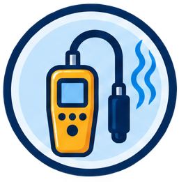 Gas leak detector beside pipes and a yellow warning sign, with a house and gas fumes in the background