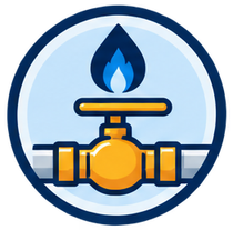 Gas service tools, pipes, meter, house, and certified repair badge in blue and yellow colors