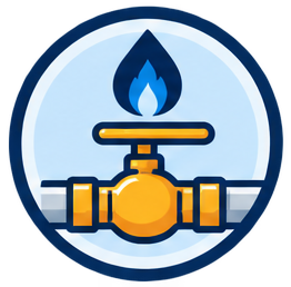 Gas service tools, pipes, meter, house, and certified repair badge in blue and yellow colors