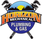 Horizon Mechanical Plumbing & Gas logo with crossed wrenches, mountain sunset, and blue circular badge
