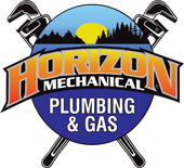 Horizon Mechanical Plumbing & Gas logo with crossed wrenches, mountain sunset, and blue circular badge