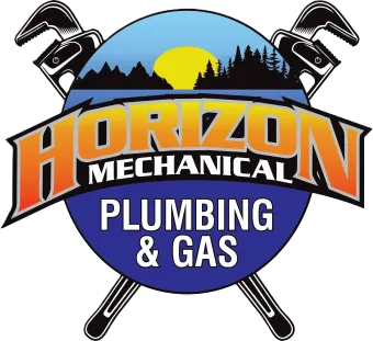 Horizon Mechanical Plumbing & Gas logo with crossed wrenches, mountain sunset, and blue circular badge