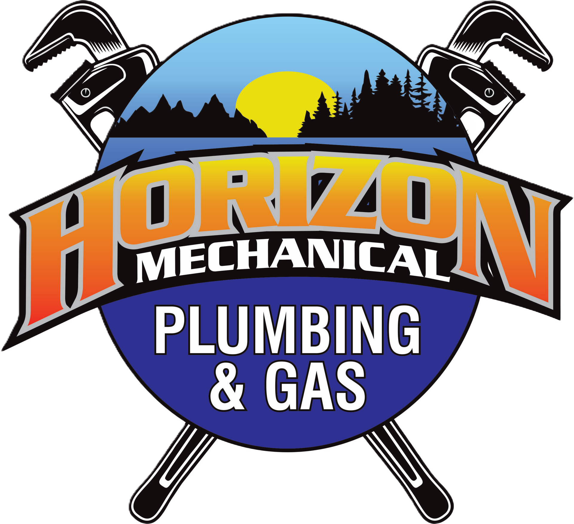 Horizon Mechanical Plumbing & Gas logo with crossed wrenches, mountain sunset, and blue circular badge