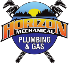 Horizon Mechanical Plumbing & Gas logo with crossed wrenches, mountain sunset, and blue circular badge