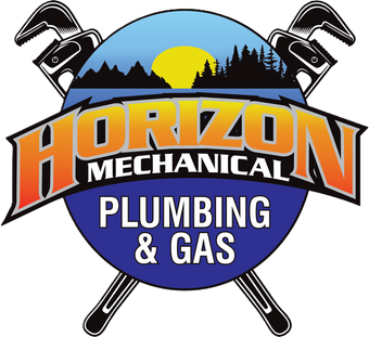 Horizon Mechanical Plumbing & Gas logo with crossed wrenches, mountain sunset, and blue circular badge