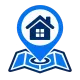 Blue location pin with a house icon on a folded map
