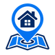 Blue location pin with a house icon on a folded map