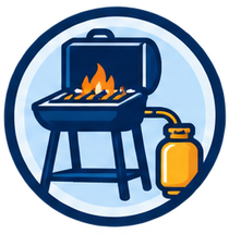Outdoor gas grill and fire pit setup with yellow hoses, red regulator, and brick cooking station under a canopy.