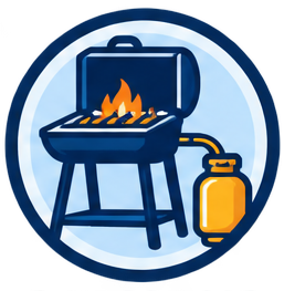 Outdoor gas grill and fire pit setup with yellow hoses, red regulator, and brick cooking station under a canopy.