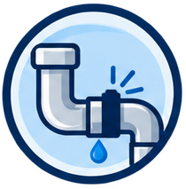 Plumbing repair graphic with pipes, wrench, clipboard, and water splash on a blue background