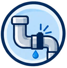 Plumbing repair graphic with pipes, wrench, clipboard, and water splash on a blue background