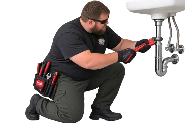 Plumber kneeling under a sink, using a wrench to repair exposed plumbing pipes.