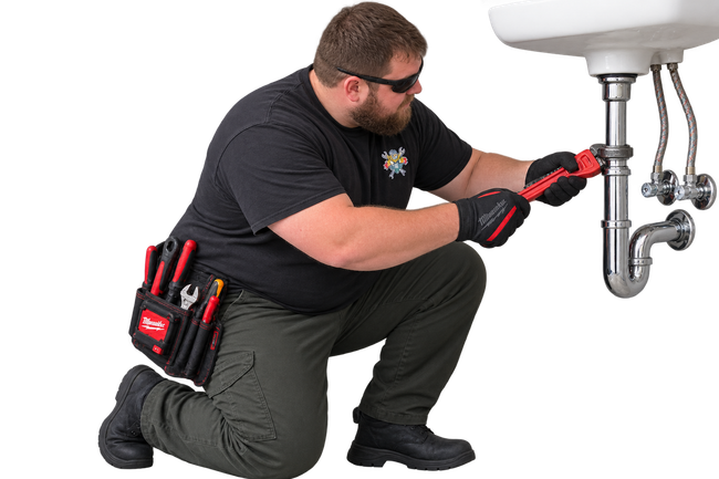 Plumber kneeling under a sink, using a wrench to repair exposed plumbing pipes.