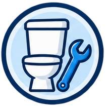 Plumbing repair tools with toilet, sink, shower, and orange toolbox on a white background