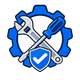 Blue gear with crossed wrench and screwdriver, plus a shield checkmark icon