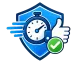 Blue shield with stopwatch, thumbs-up, and green checkmark