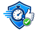 Blue shield with stopwatch, thumbs-up, and green checkmark